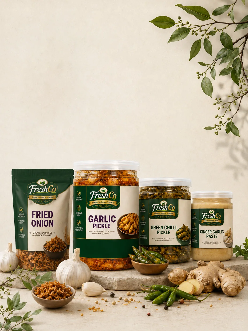 FreshCo products arranged on a stone counter with garlic, ginger, chillies and spices