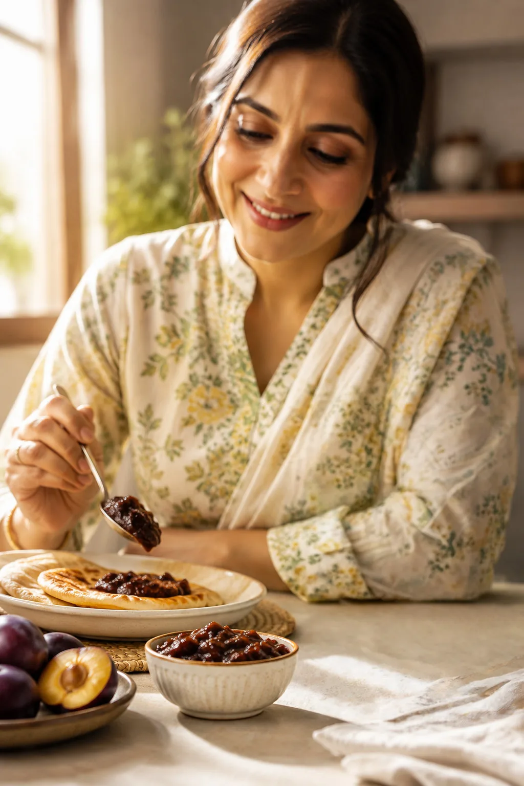 A woman smiling as she spoons FreshCo plum chutney onto a fresh paratha, with ripe plums on the table